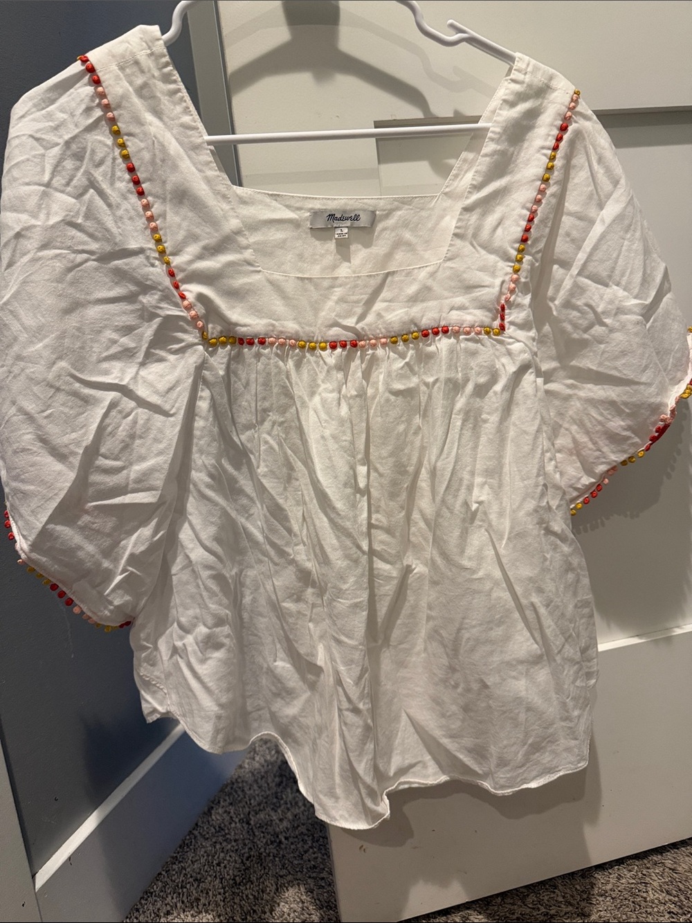 White Cotton Peasant Top with Red,Yellow and Pink Trim